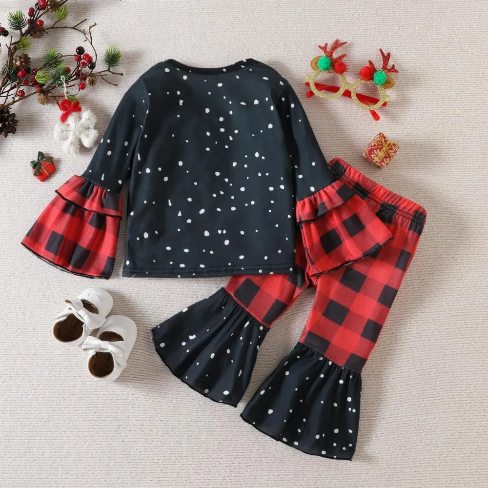 Autumn Girls Christmas Flared Sleeve Top   Plaid Trousers Set Wholesale Girls Clothes