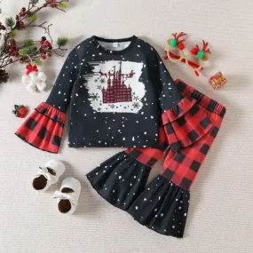 Autumn Girls Christmas Flared Sleeve Top   Plaid Trousers Set Wholesale Girls Clothes