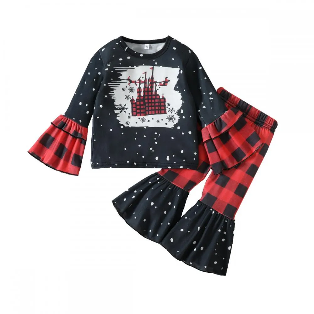 Autumn Girls Christmas Flared Sleeve Top   Plaid Trousers Set Wholesale Girls Clothes