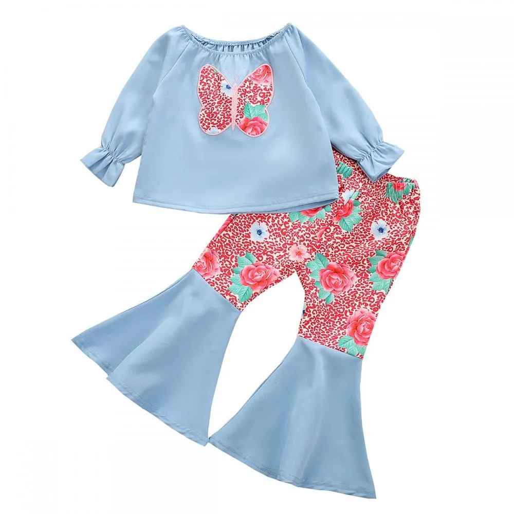 Autumn Girls One-shoulder Butterfly Embroidered Flared Pants Suit Wholesale Girls Clothes