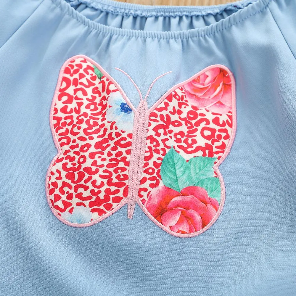 Autumn Girls One-shoulder Butterfly Embroidered Flared Pants Suit Wholesale Girls Clothes