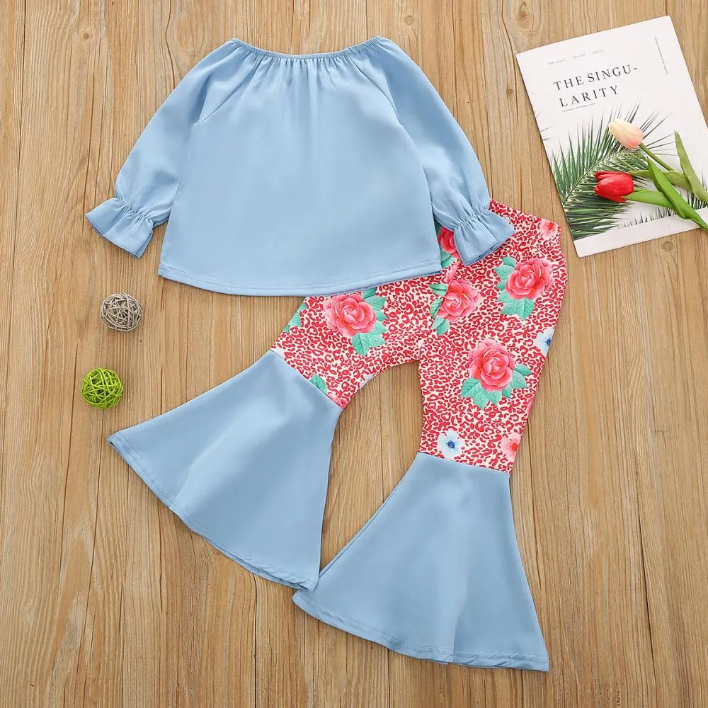 Autumn Girls One-shoulder Butterfly Embroidered Flared Pants Suit Wholesale Girls Clothes