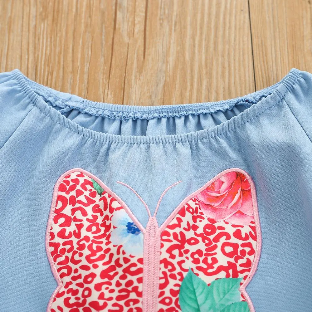 Autumn Girls One-shoulder Butterfly Embroidered Flared Pants Suit Wholesale Girls Clothes