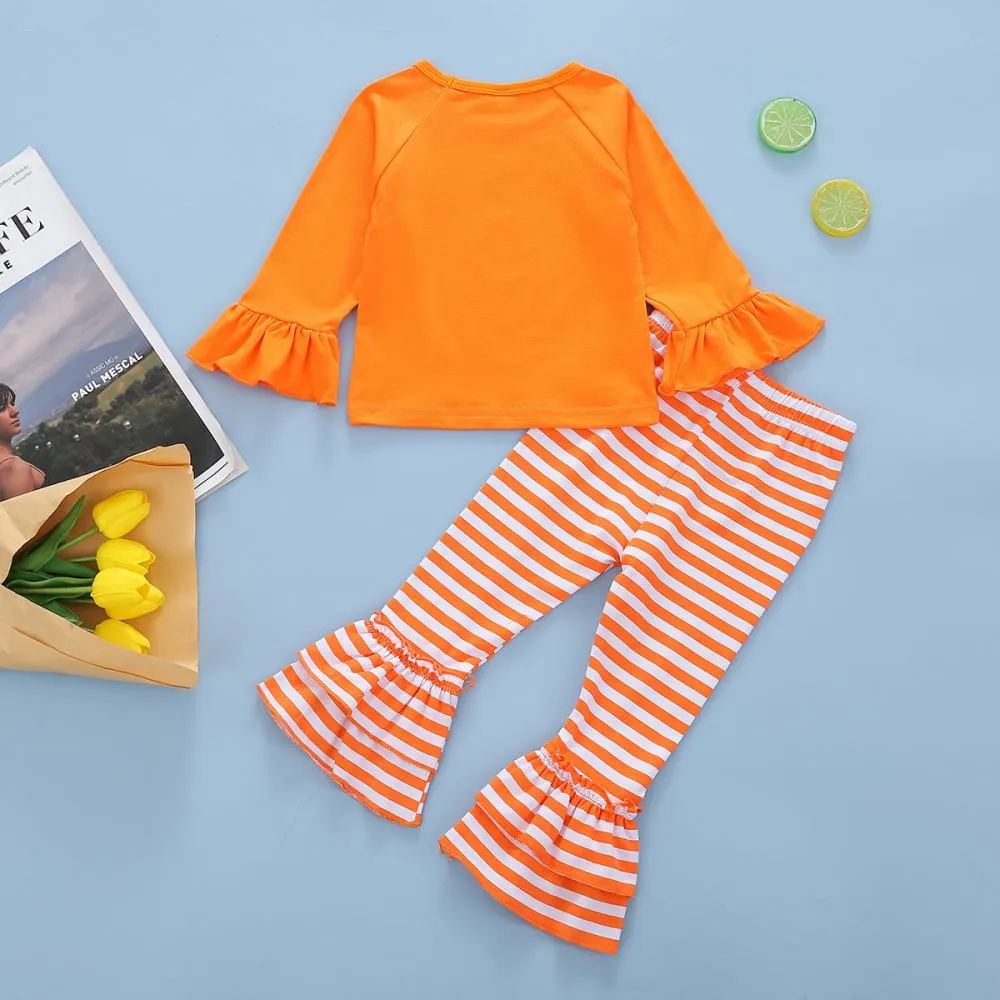 Autumn Halloween Girls Print Top Striped Flared Pants Set Wholesale Girls Clothes
