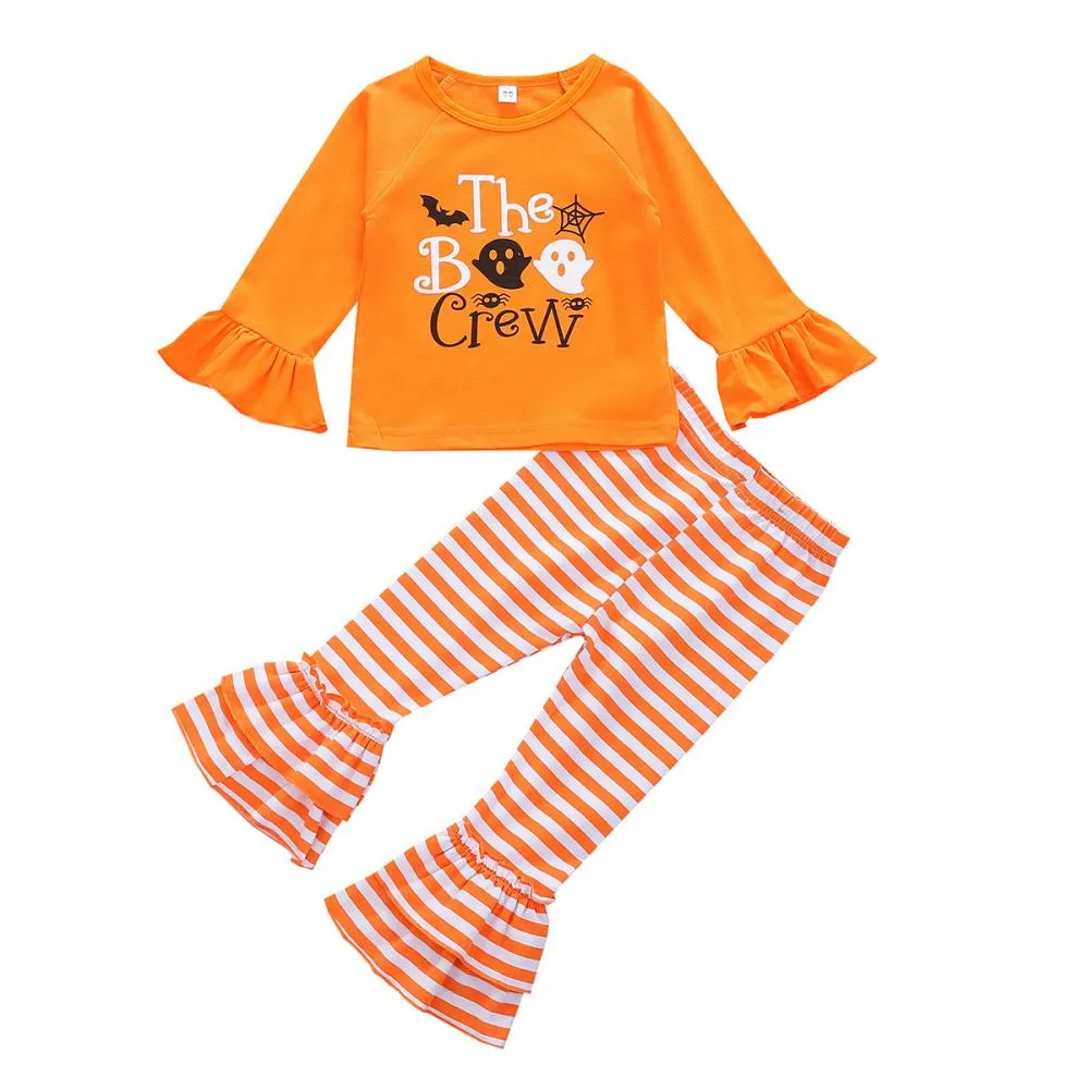 Autumn Halloween Girls Print Top Striped Flared Pants Set Wholesale Girls Clothes