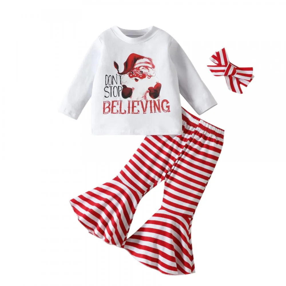 Baby Girls Christmas Autumn Cartoon Santa Stripe Shirt   Flared Pants Set Wholesale Girls Clothes