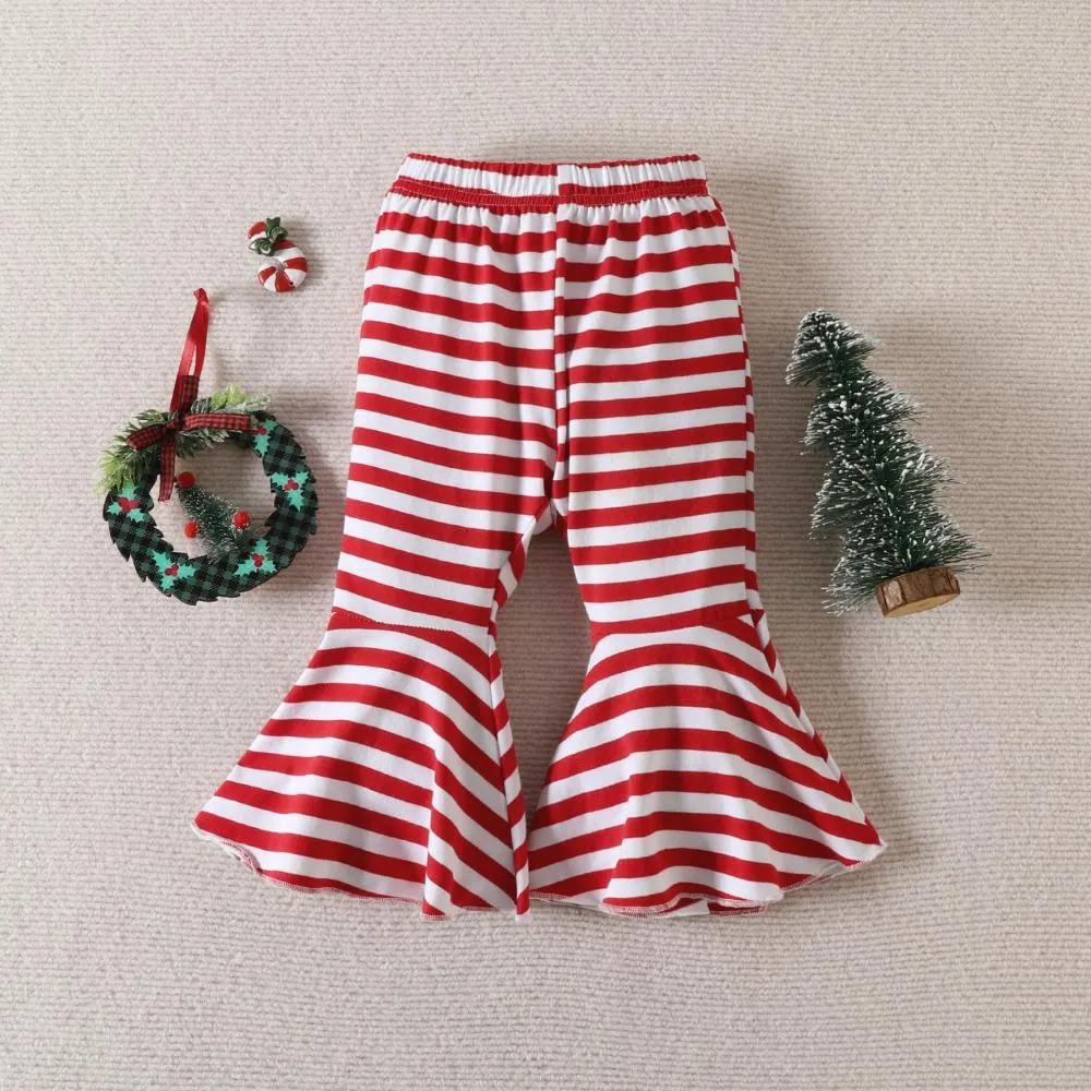 Baby Girls Christmas Autumn Cartoon Santa Stripe Shirt   Flared Pants Set Wholesale Girls Clothes