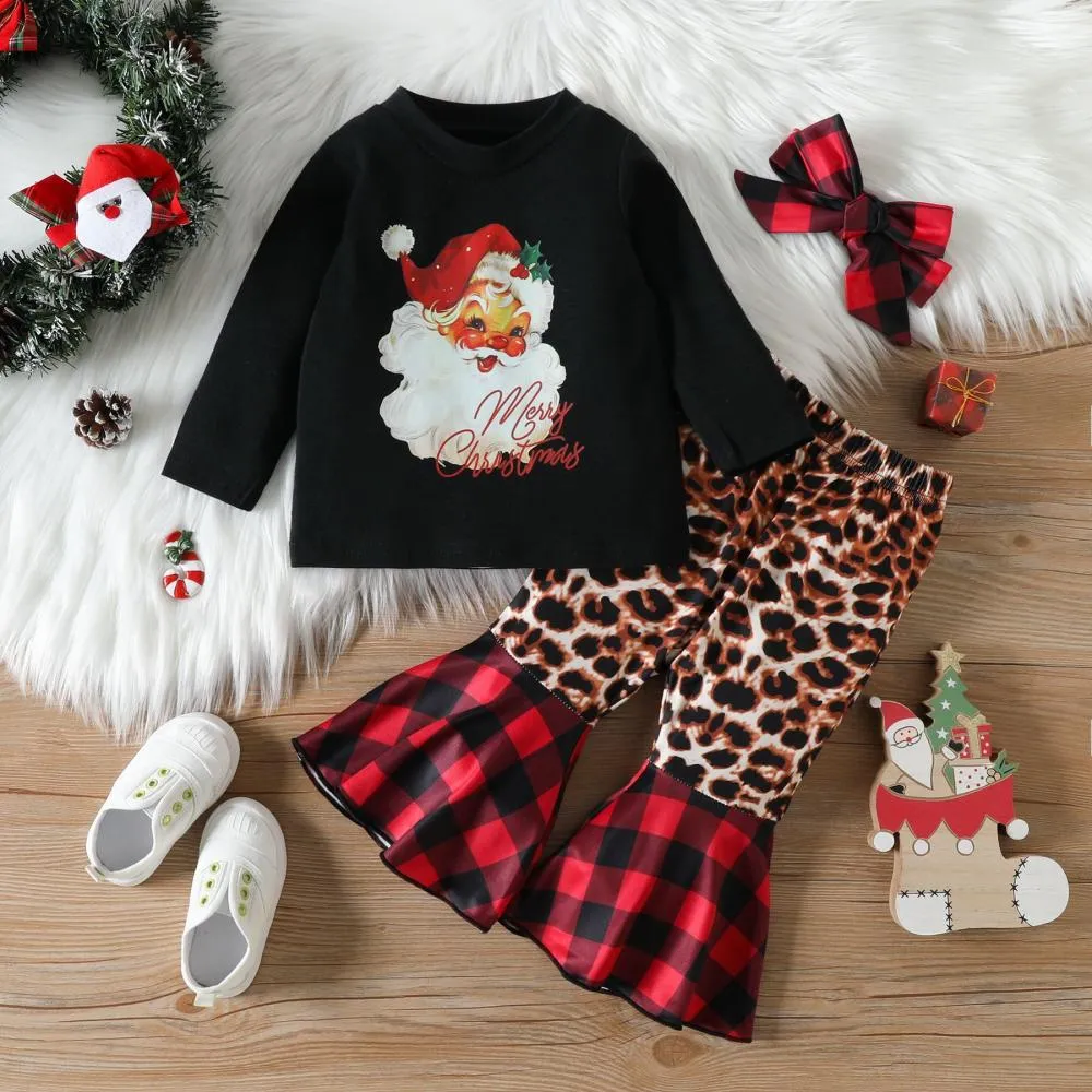 Baby Girls Christmas Autumn Cartoon Santa Stripe Shirt   Flared Pants Set Wholesale Girls Clothes