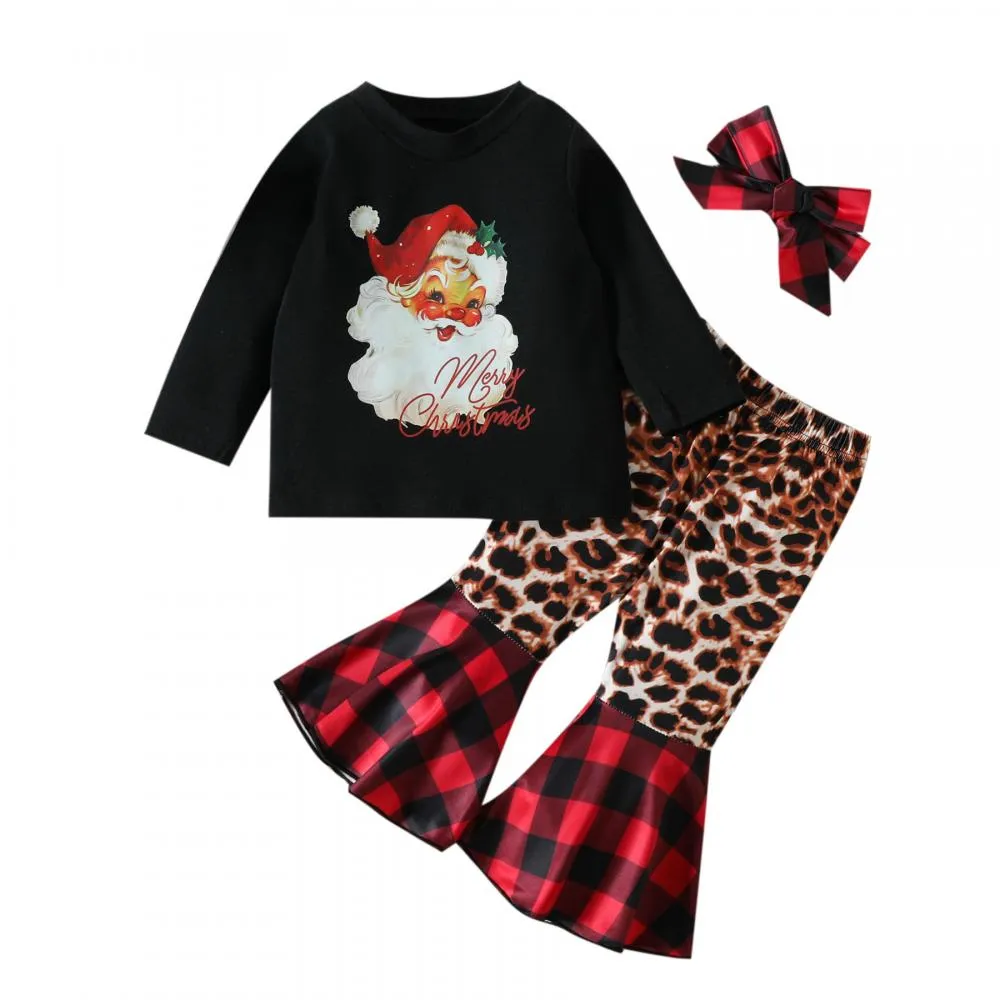 Baby Girls Christmas Autumn Cartoon Santa Stripe Shirt   Flared Pants Set Wholesale Girls Clothes