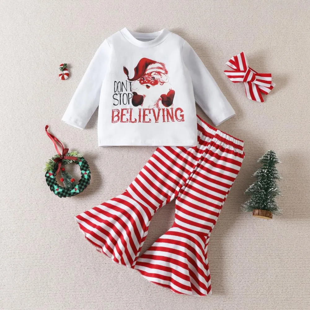 Baby Girls Christmas Autumn Cartoon Santa Stripe Shirt   Flared Pants Set Wholesale Girls Clothes