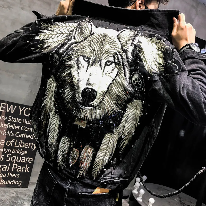 Boys Jeans Jacket Wolf Dog Embroidery Handsome Guy Cool Men's Jacket | Brodtica.com