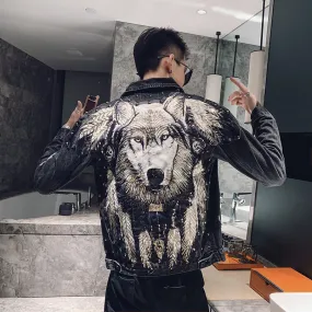 Boys Jeans Jacket Wolf Dog Embroidery Handsome Guy Cool Men's Jacket | Brodtica.com