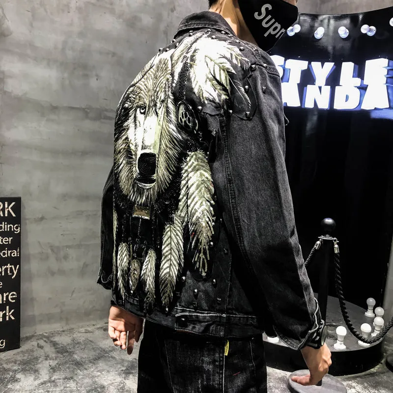 Boys Jeans Jacket Wolf Dog Embroidery Handsome Guy Cool Men's Jacket | Brodtica.com
