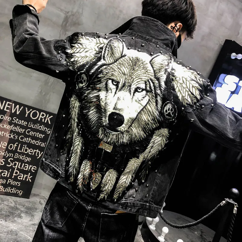 Boys Jeans Jacket Wolf Dog Embroidery Handsome Guy Cool Men's Jacket | Brodtica.com