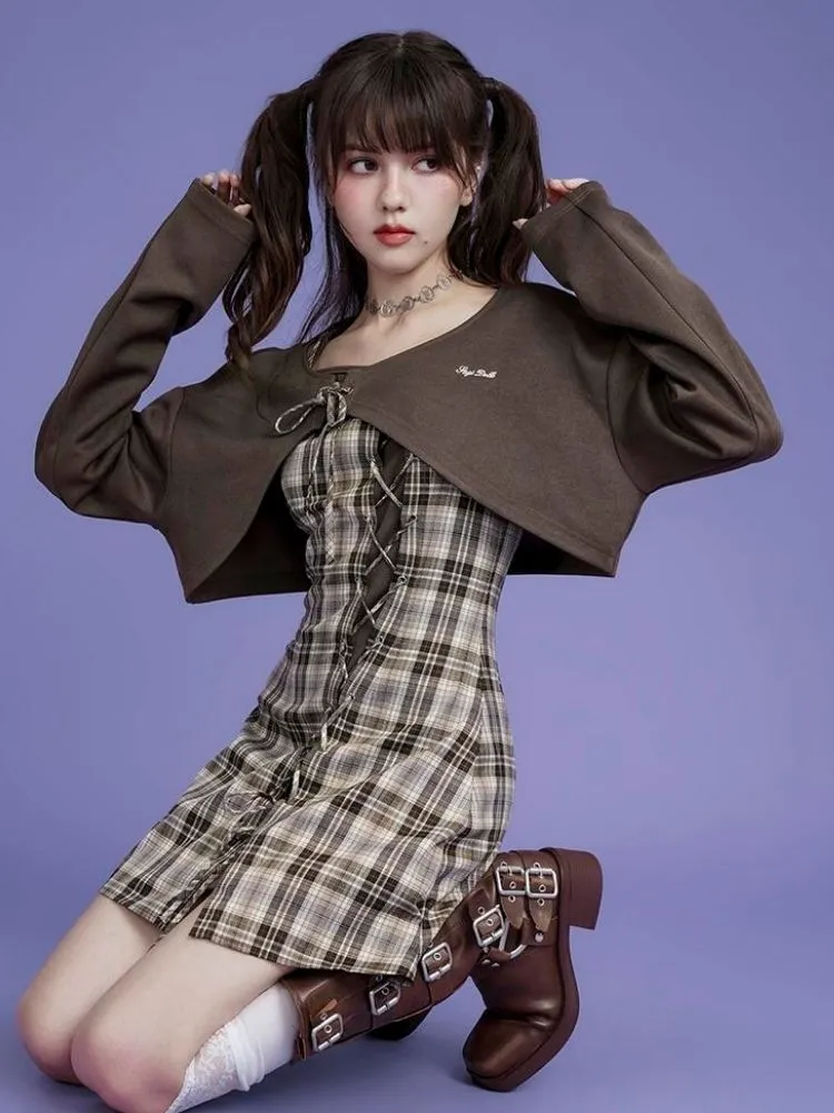 Brown lattice camisole cardigan two-piece set 【s0000004428】