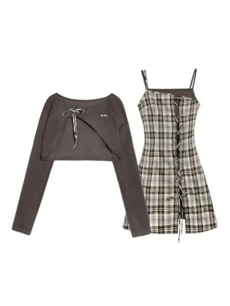 Brown lattice camisole cardigan two-piece set 【s0000004428】