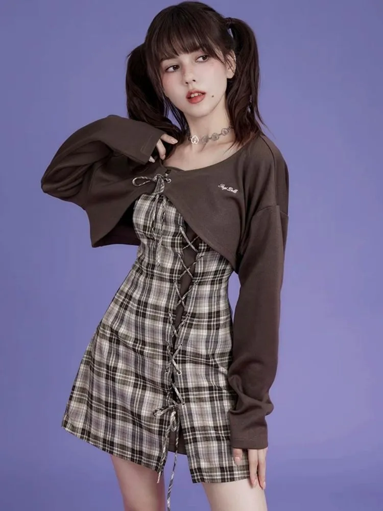 Brown lattice camisole cardigan two-piece set 【s0000004428】