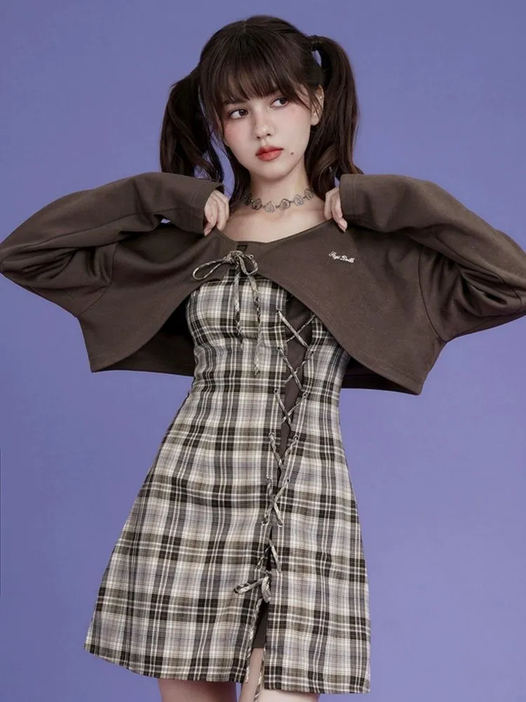 Brown lattice camisole cardigan two-piece set 【s0000004428】