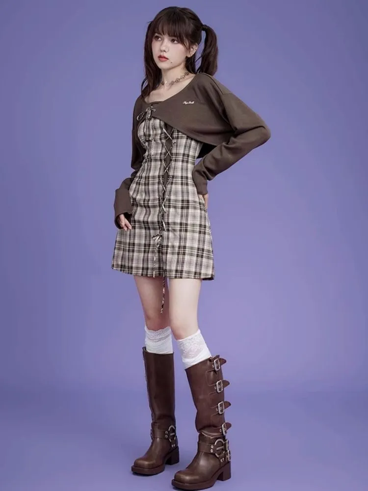 Brown lattice camisole cardigan two-piece set 【s0000004428】