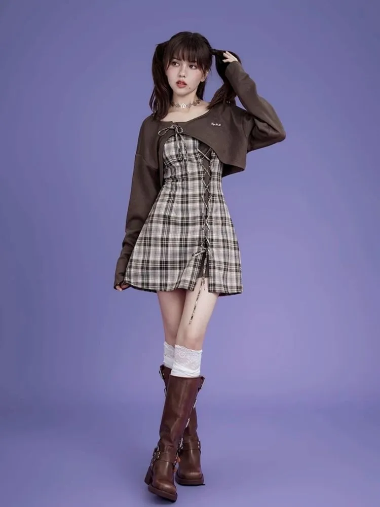 Brown lattice camisole cardigan two-piece set 【s0000004428】