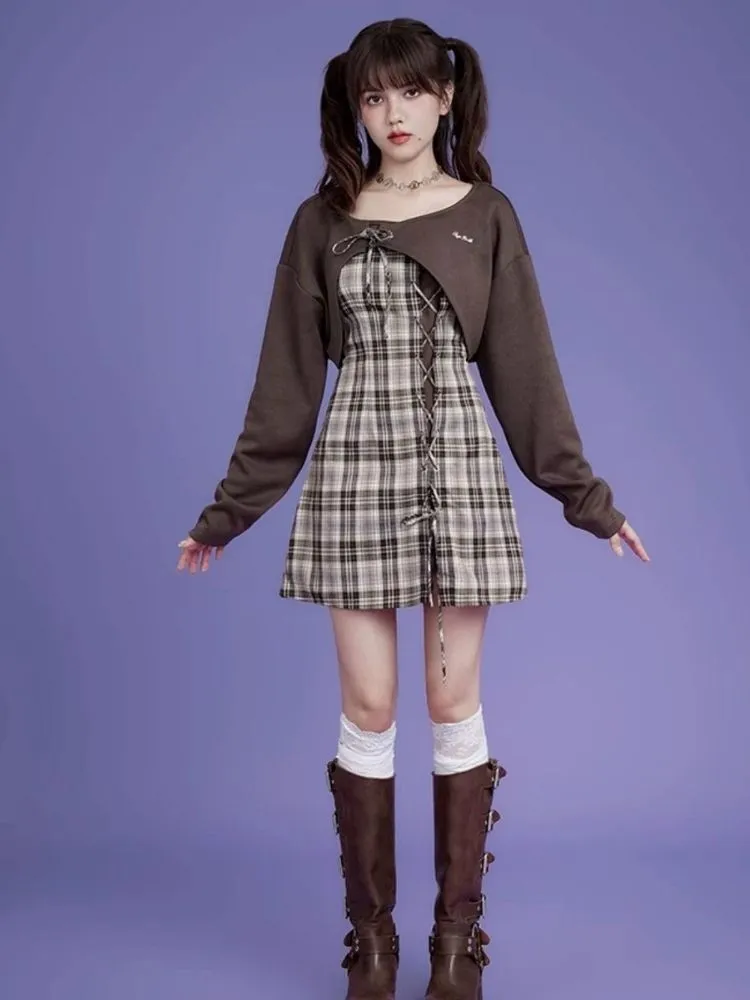 Brown lattice camisole cardigan two-piece set 【s0000004428】