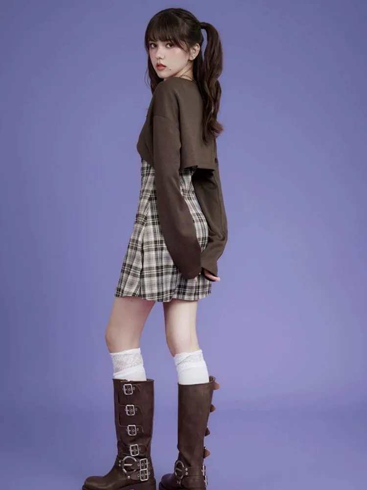 Brown lattice camisole cardigan two-piece set 【s0000004428】
