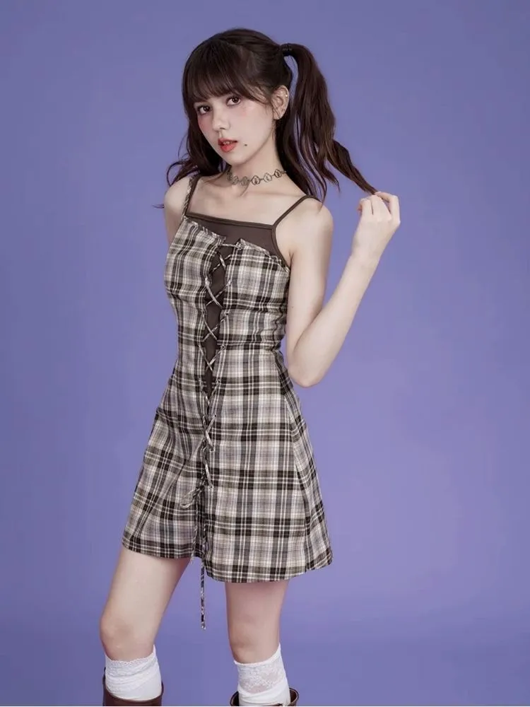 Brown lattice camisole cardigan two-piece set 【s0000004428】