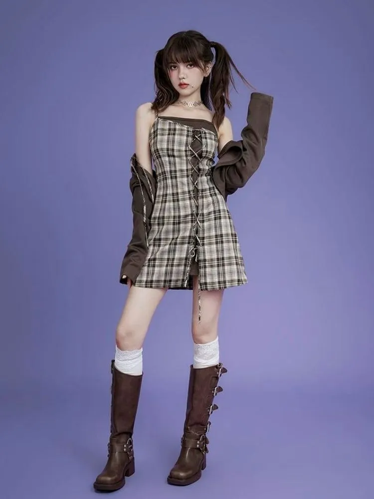 Brown lattice camisole cardigan two-piece set 【s0000004428】