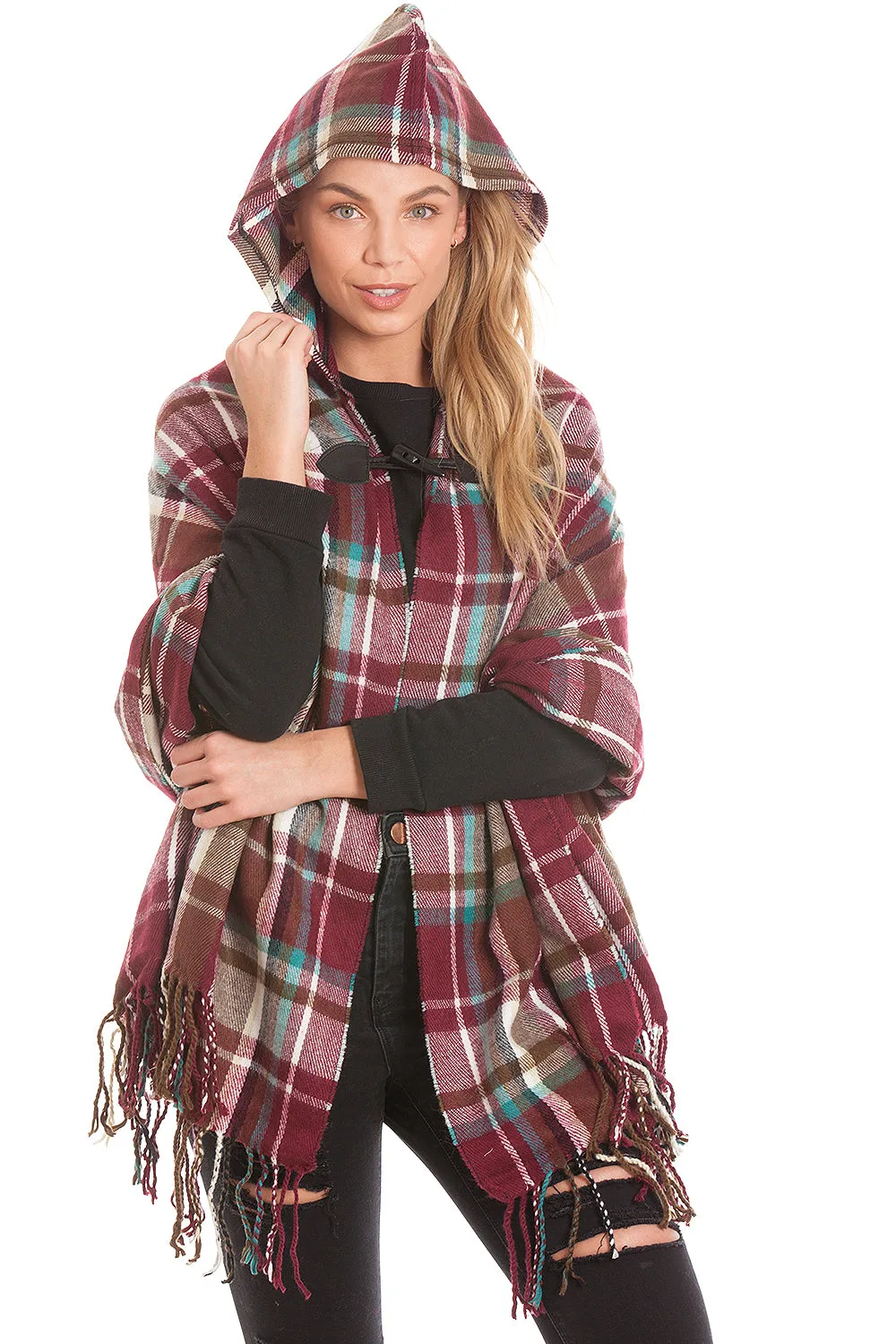 Burgundy Hooded Tartan Blanket Wrap Cape Open Poncho