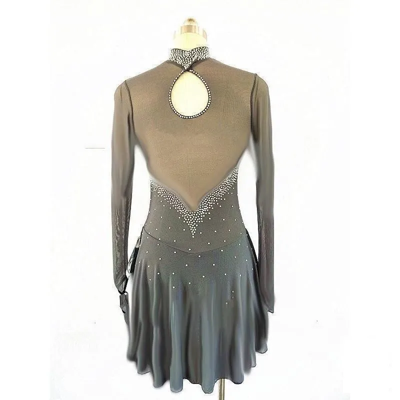 Competition Figure Skating Dress Grey With Crystals Long Sleeves