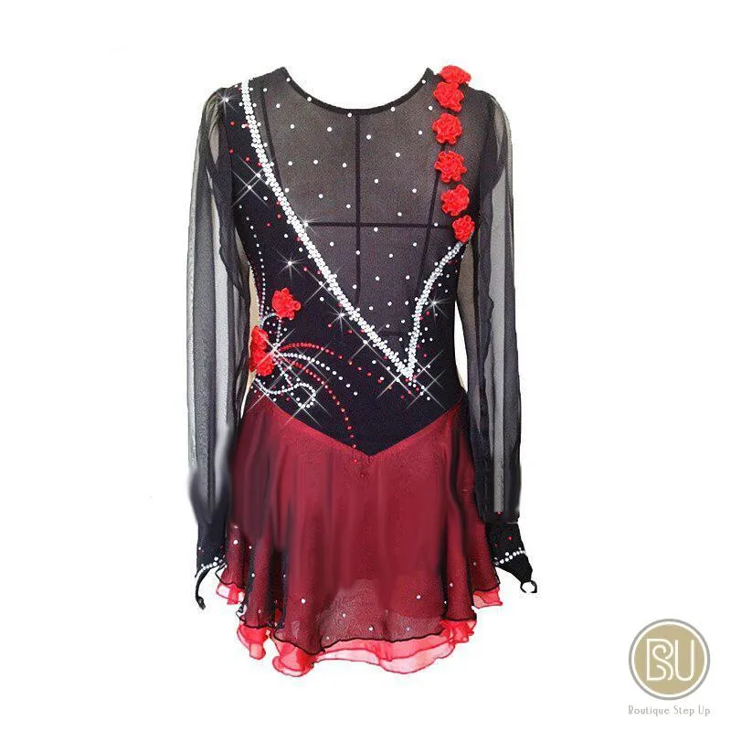 Competition Skating Dress Black & Red Floral Appliques