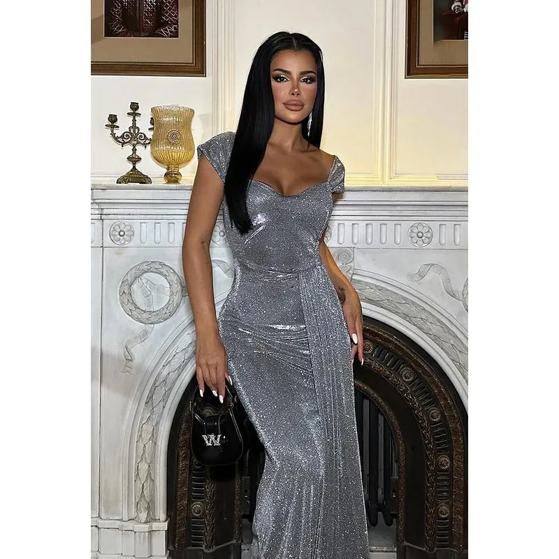 Couture & Ornate Sparkly Short Sleeves Scoop Sequins Sheath Prom Dress