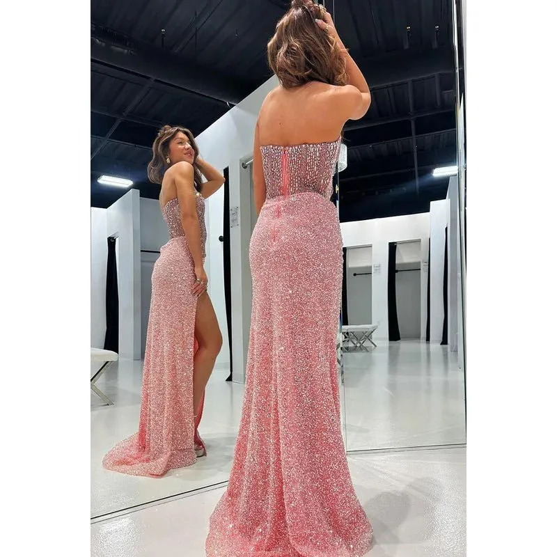 Couture & Ornate Sweetheart Sleeveless Side Slit Sheath Sequins Evening Party Prom Dress