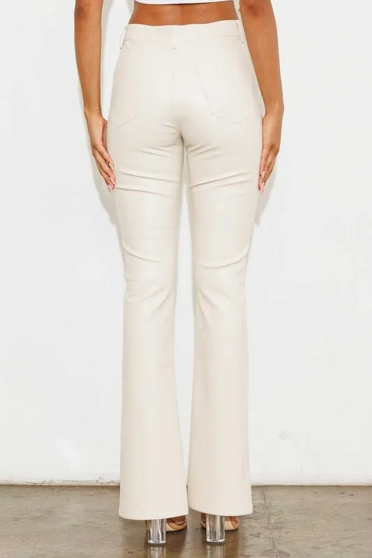 Cream Vegan Leather Flare Pants