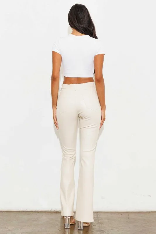 Cream Vegan Leather Flare Pants