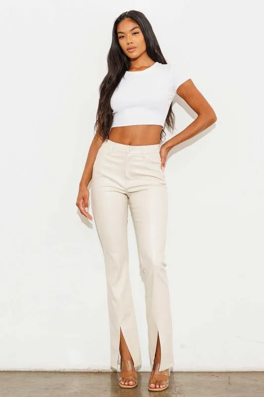 Cream Vegan Leather Flare Pants