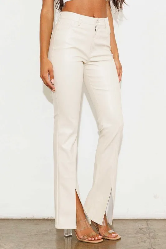 Cream Vegan Leather Flare Pants