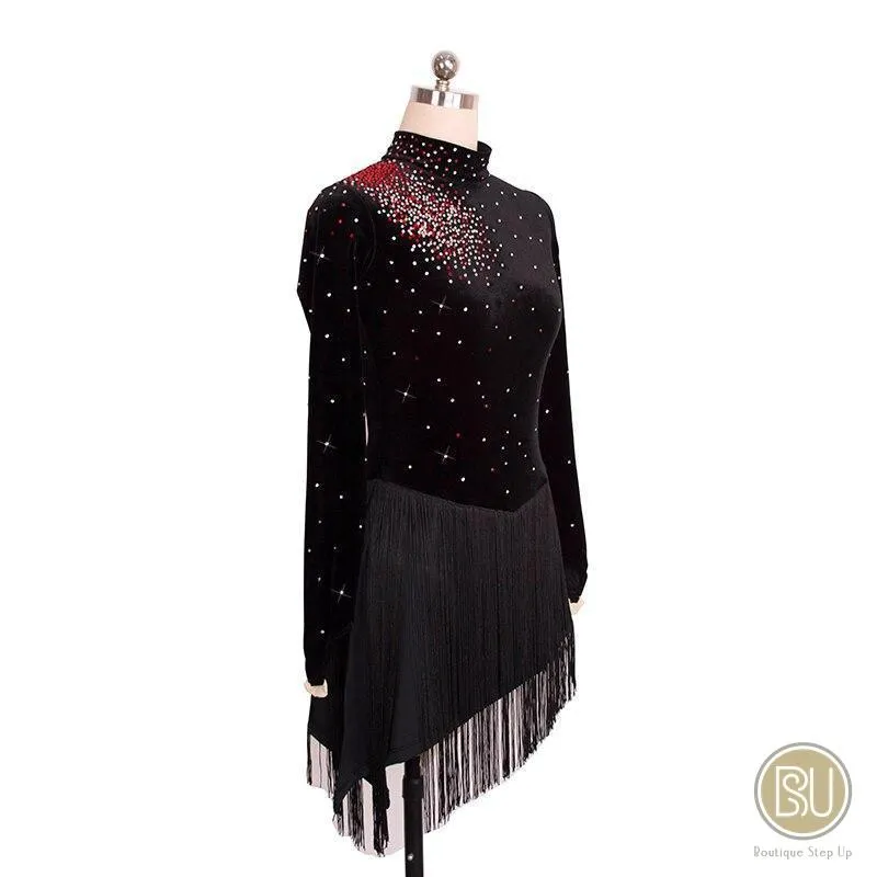Figure Skating Dress Black Bottom Fringes, Assymetrical Skirt