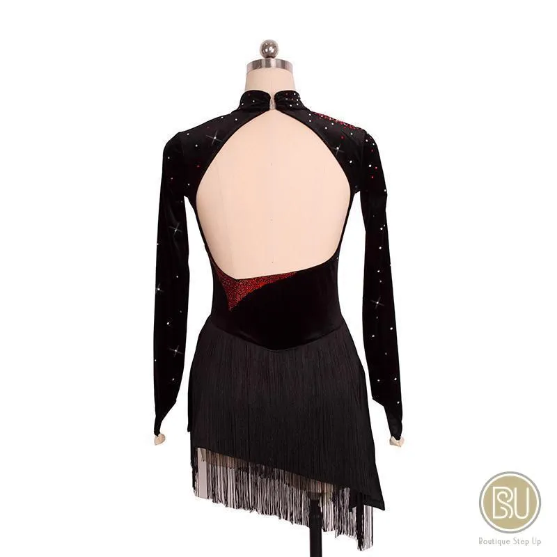 Figure Skating Dress Black Bottom Fringes, Assymetrical Skirt