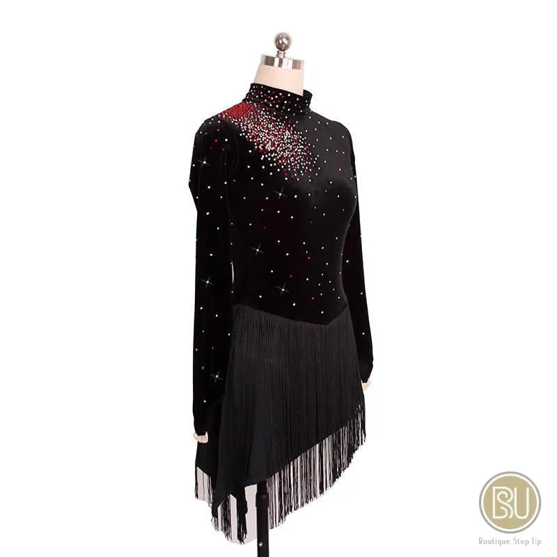 Figure Skating Dress Black Bottom Fringes, Assymetrical Skirt