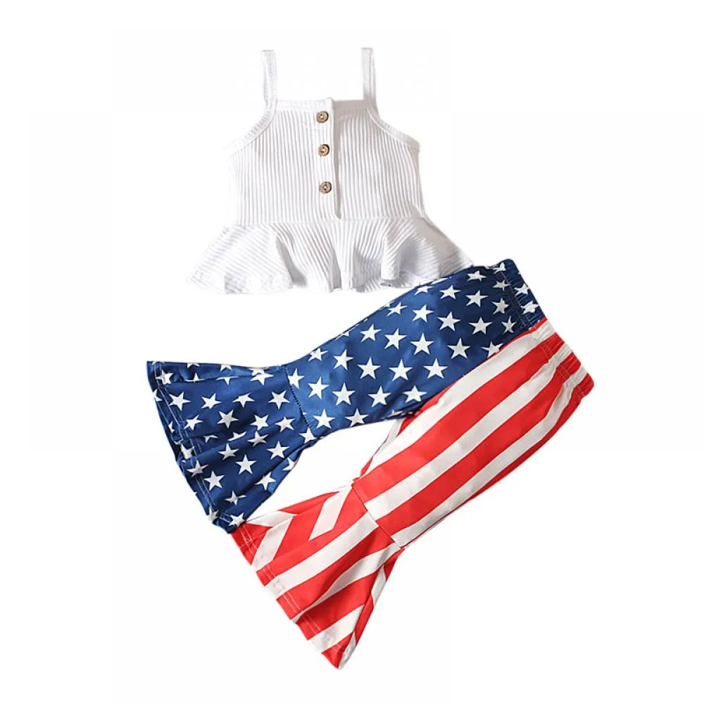 Girls Summer Independence Day Sling Ruffled Top   Star Stripe Flared Trousers Two-Piece Set Wholesale Girls Clothes