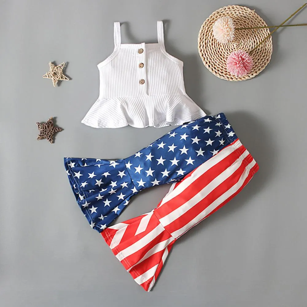 Girls Summer Independence Day Sling Ruffled Top   Star Stripe Flared Trousers Two-Piece Set Wholesale Girls Clothes