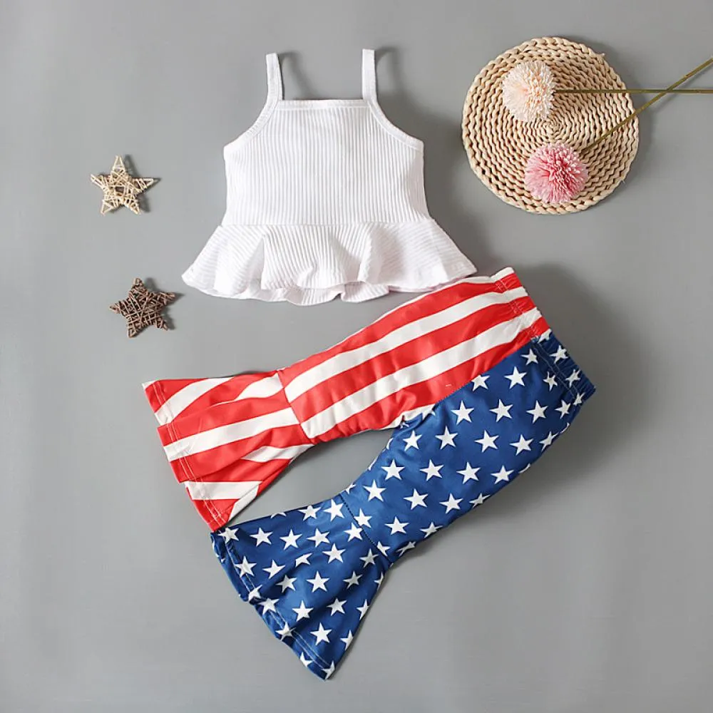 Girls Summer Independence Day Sling Ruffled Top   Star Stripe Flared Trousers Two-Piece Set Wholesale Girls Clothes
