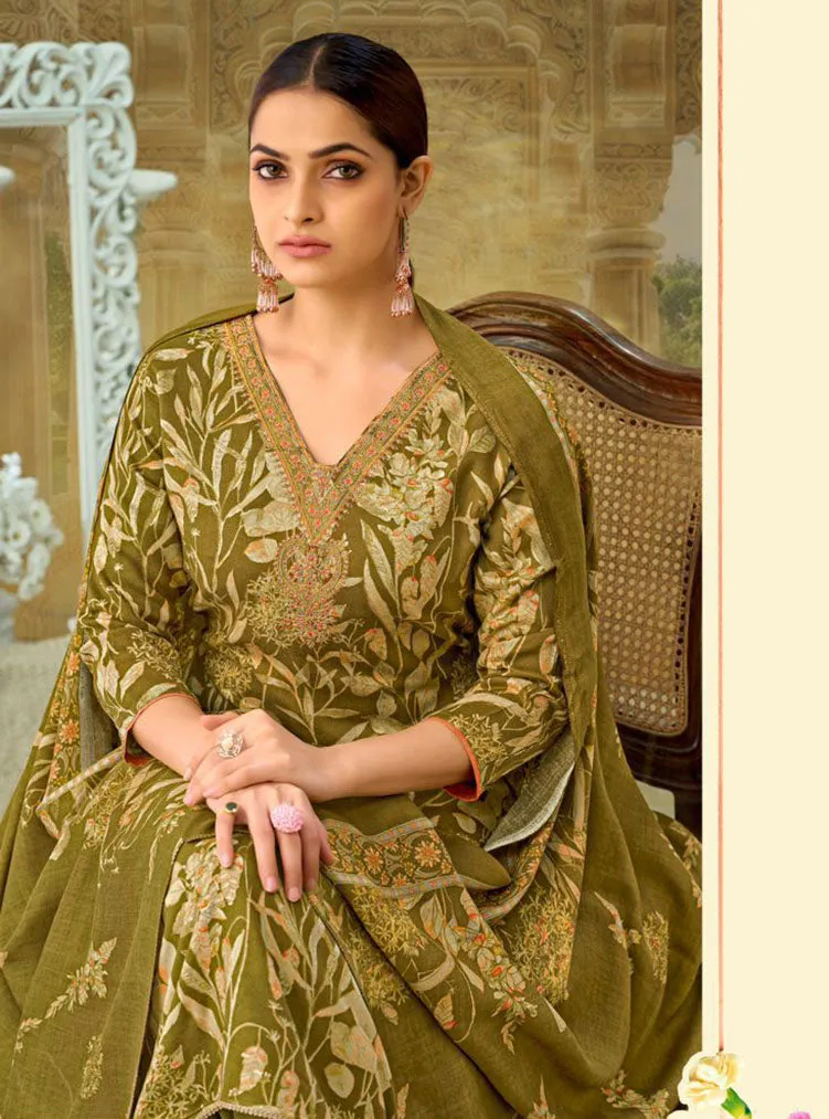 Green Unstitched Pashmina Winter Suit Dress Material Printed with Embroidery