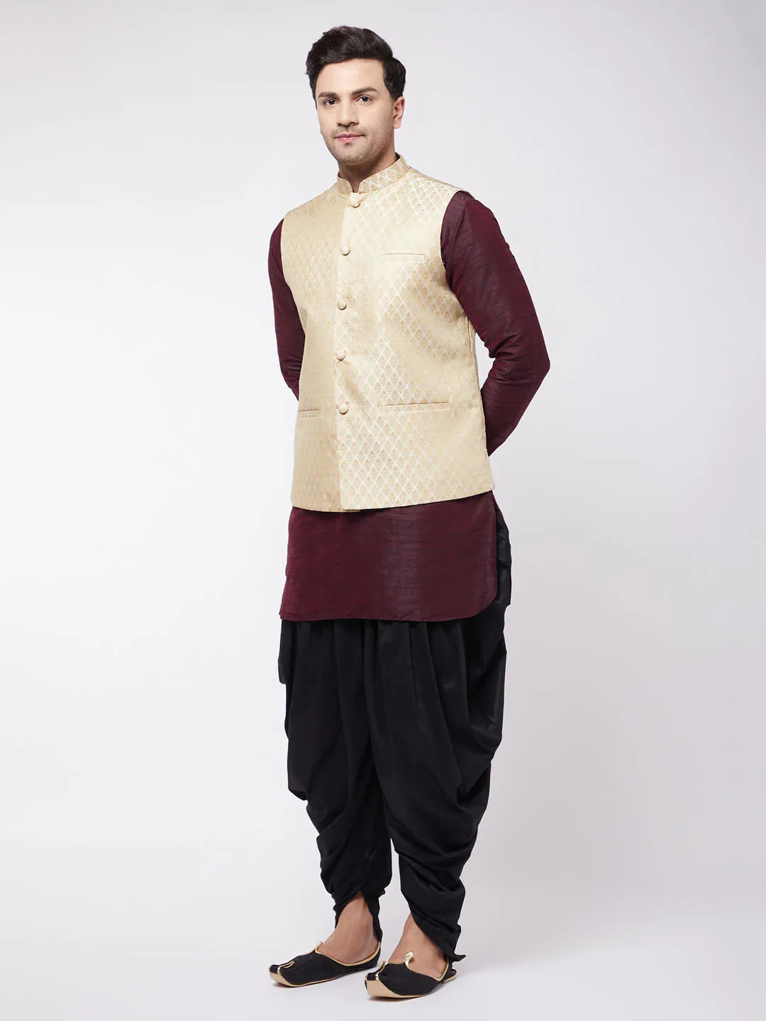 Jashvi Men's Cream Silk Blend Jacket With Curved Kurta Dhoti Set