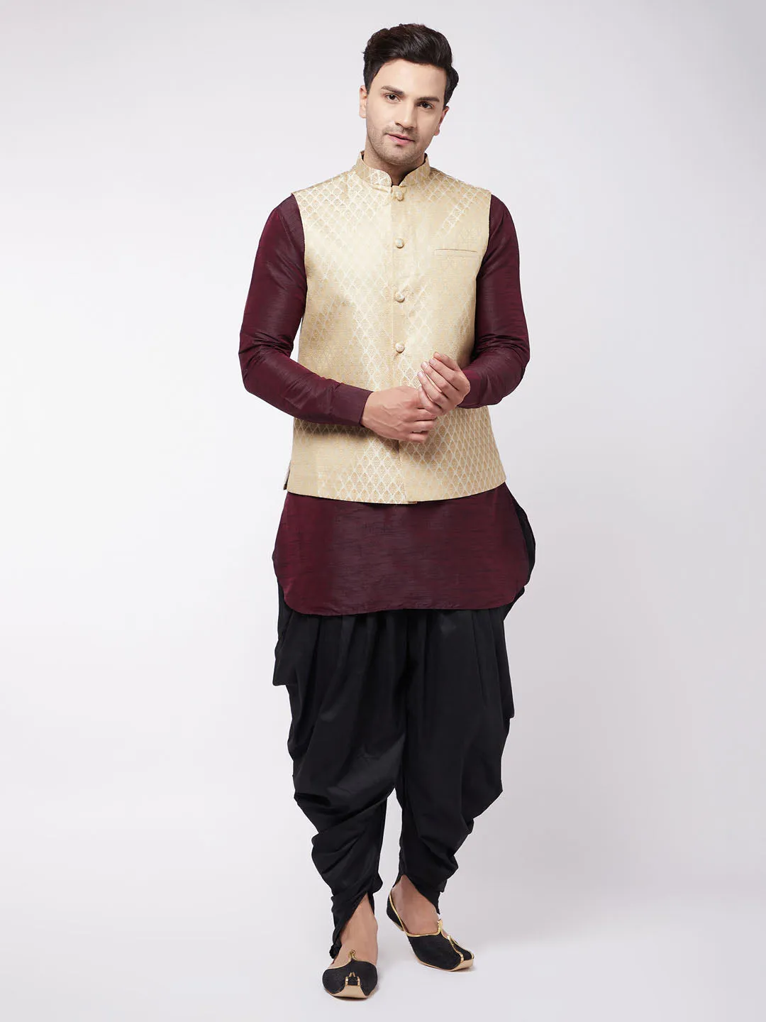 Jashvi Men's Cream Silk Blend Jacket With Curved Kurta Dhoti Set