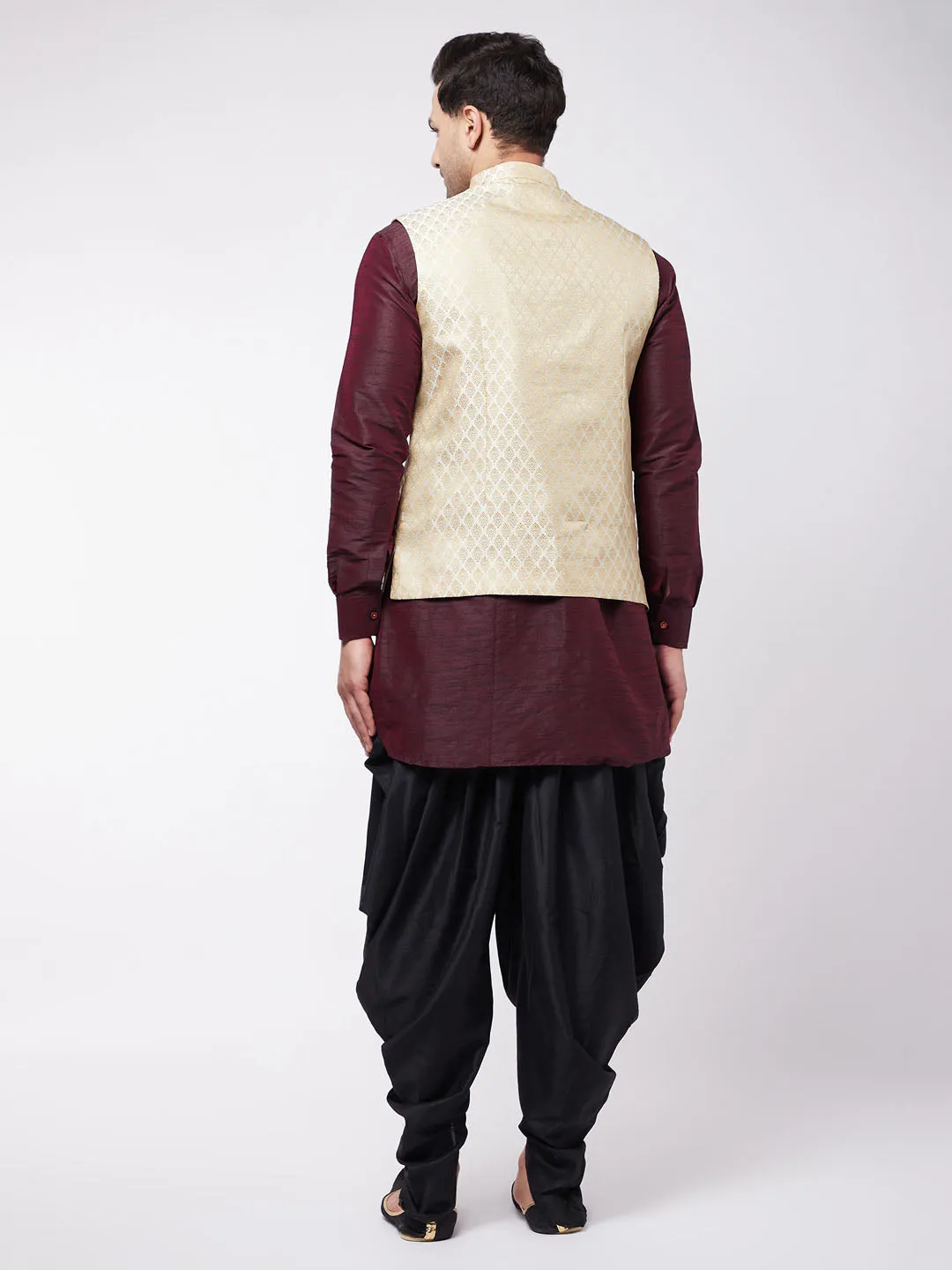 Jashvi Men's Cream Silk Blend Jacket With Curved Kurta Dhoti Set