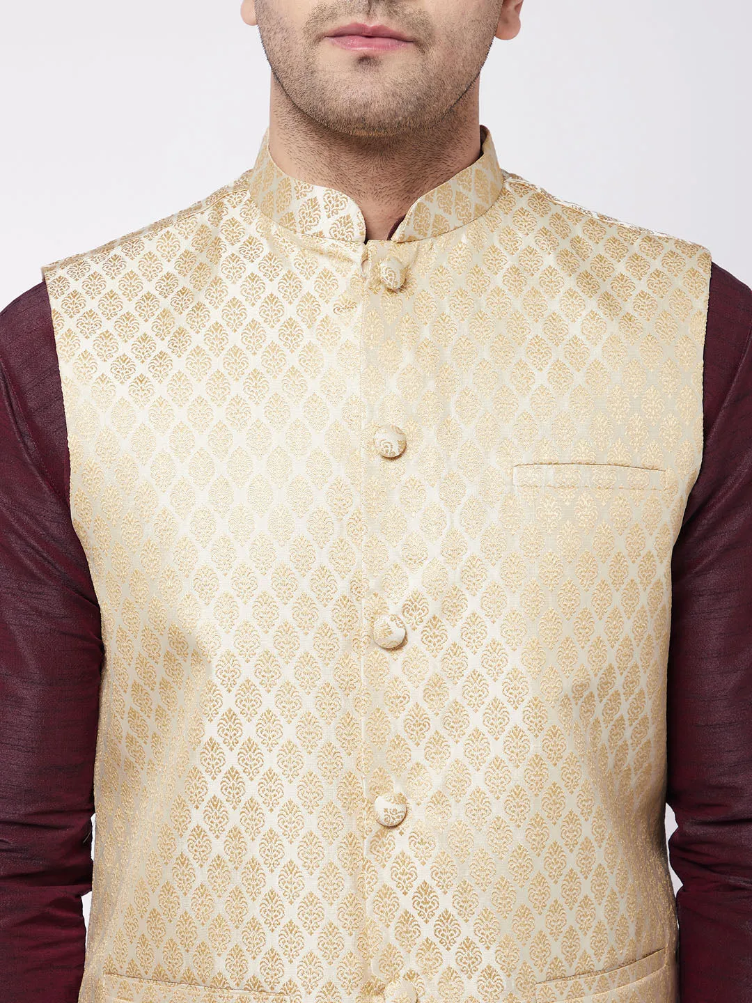 Jashvi Men's Cream Silk Blend Jacket With Curved Kurta Dhoti Set