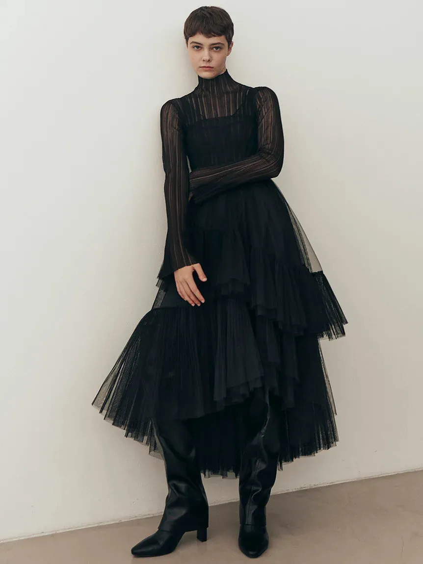 Layered Sheer Knit Mock Neck Blouse