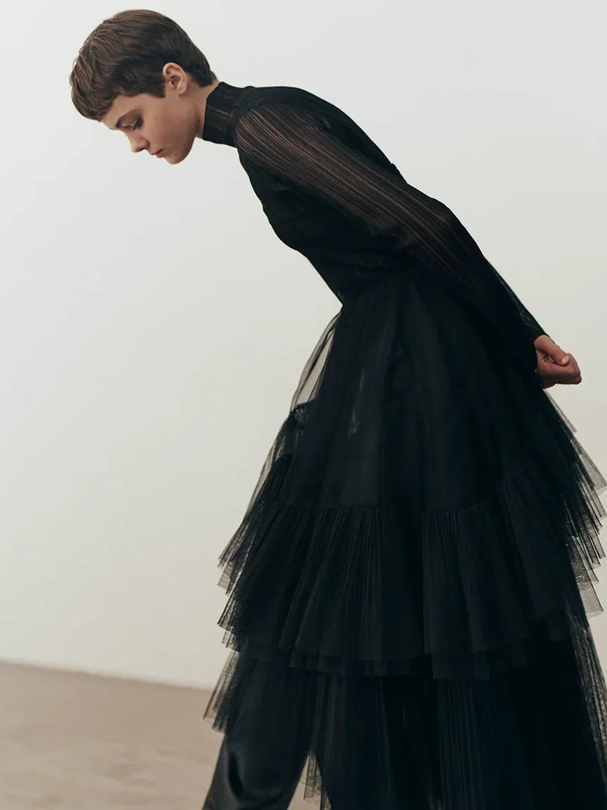 Layered Sheer Knit Mock Neck Blouse